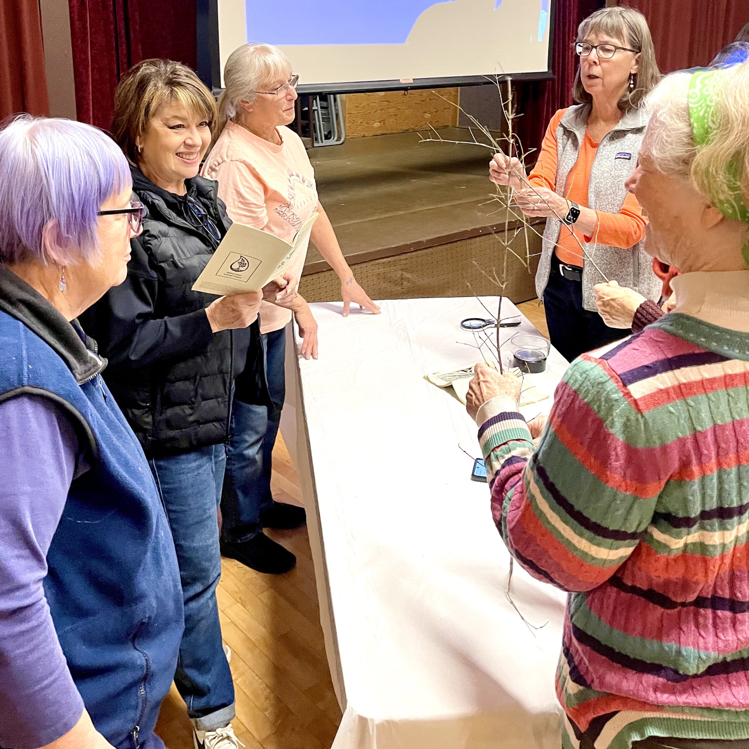 Women studying winter twigs during a workshop